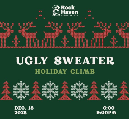 holiday climb info with ugly sweater design